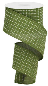 Moss Green Cream Raised Stitched Squares Wired Ribbon (2.5 Inches x 10 Yards (30 Feet))