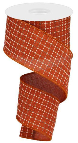 Rust Orange Cream Raised Stitched Squares Wired Ribbon - 2.5 Inches x 10 Yards (30 Feet)