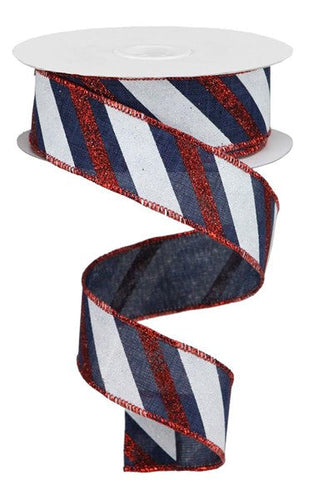 4th of July Wired Ribbon : Navy Blue White and Red Glitter Diagonal Stripes 1.5 Inches x 10 Yards (30 Feet)
