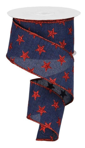 Star 4th of July Ribbon : Navy Blue and Red Glitter  2.5 Inches x 10 Yards (30 Feet)