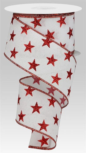 Stars Wired Ribbon : White, Red - 2.5 Inches x 10 Yards (30 Feet)