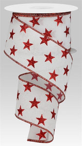 Stars Wired Ribbon : White, Red - 2.5 Inches x 10 Yards (30 Feet)
