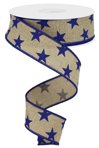 Stars Wired Ribbon : Light Beige, Navy Blue - 1.5 Inches x 10 Yards (30 Feet)