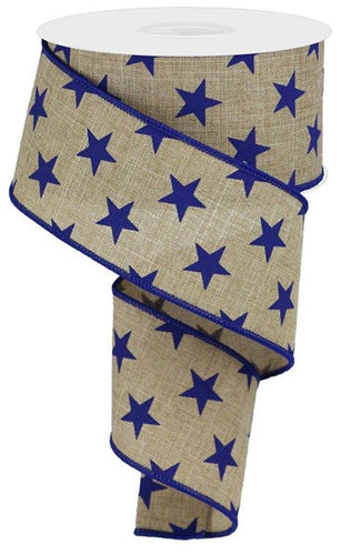 Stars Wired Ribbon : Light Beige, Navy Blue - 2.5 Inches x 10 Yards (30 Feet)