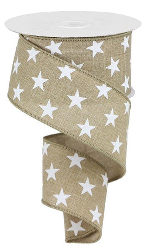 Stars Wired Ribbon : Light Beige, White - 2.5 Inches x 10 Yards (30 Feet)