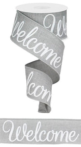 Welcome Canvas Wired Ribbon: Light Grey Gray, White - 2.5 Inches x 10 Yards (30 Feet)