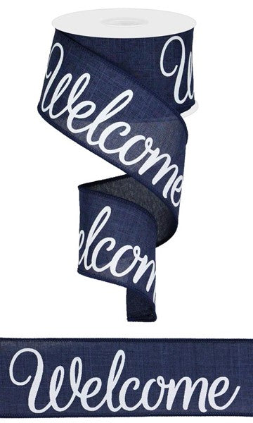 Welcome Canvas Wired Ribbon: Navy Blue, White - 2.5 Inches x 10 Yards (30 Feet)