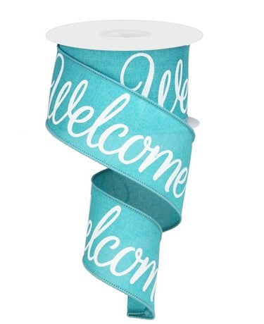 Welcome Canvas Wired Ribbon: Light Teal Blue, White - 2.5 Inches x 10 Yards (30 Feet)