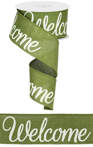 Welcome Canvas Wired Ribbon: Moss Green, Cream - 2.5 Inches x 10 Yards (30 Feet)