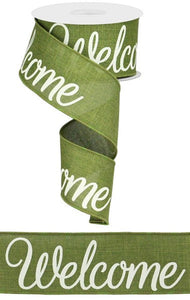 Welcome Canvas Wired Ribbon: Moss Green, Cream - 2.5 Inches x 10 Yards (30 Feet)