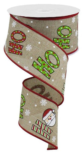 Christmas Ho Ho Ho Royal Canvas Wired Ribbon: Beige, White, Cream Ivory, Red, Lime Green - 2.5 Inches x 10 Yards (30 Feet)