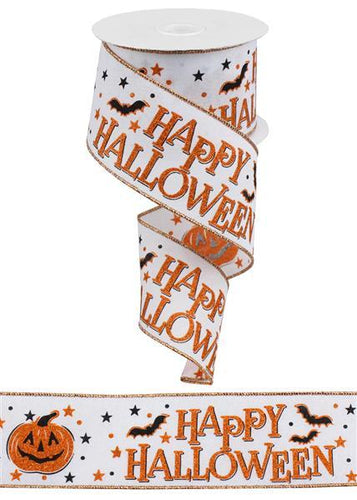 Happy Halloween Pumpkin Wired Ribbon: Orange, Black, White - 2.5 Inches x 10 Yards (30 Feet)