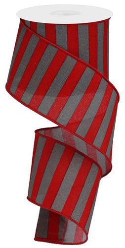 Striped Wired Ribbon : Red, Grey Gray - 2.5 Inches x 10 Yards (30 Feet)