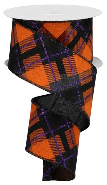Glitter Plaid Halloween Ribbon: Black, Purple, Orange - 2.5 Inches x 10 Yards (30 Feet)