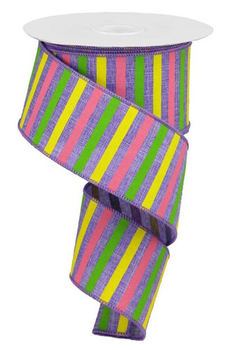 Horizontal Stripe Wired Ribbon: Lavender Purple, Yellow, Green, Light Pink - 2.5 Inches x 10 Yards (30 Feet)
