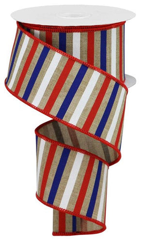 Horizontal Stripe Wired Ribbon: Light Beige, Red, White, Blue - 2.5 Inches x 10 Yards (30 Feet)