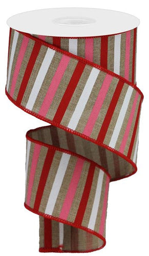 Horizontal Stripe Wired Ribbon: Light Beige, Red, Pink, White - 2.5 Inches x 10 Yards (30 Feet)
