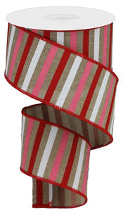 Horizontal Stripe Wired Ribbon: Light Beige, Red, Pink, White - 2.5 Inches x 10 Yards (30 Feet)