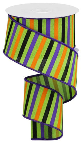Horizontal Stripe Wired Ribbon : Lime Green, Orange, Purple, Black - 2.5 Inches x 10 Yards (30 Feet)