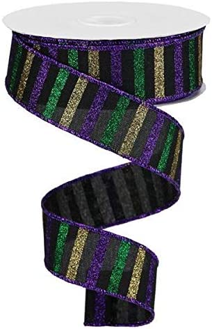 Horizontal Stripe Wired Edge Ribbon : Purple, Gold, Green, Black - 1.5 inches x 10 Yards (30 Feet)