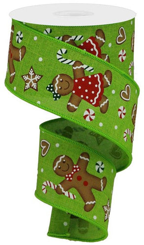 Gingerbread Wired Ribbon : Fresh Green, Tan, Red, Emerald Green - 2.5 inches x 10 Yards (30 Feet)