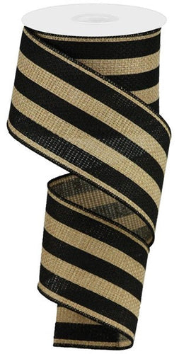 Vertical Stripe Wired Ribbon : Beige, Black - 2.5 Inches x 10 Yards (30 Feet)