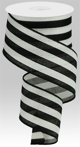 Vertical Stripe Wired Ribbon : White, Black - 2.5 Inches x 10 Yards (30 Feet)