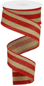 Vertical Stripe Wired Edge Ribbon : Beige, Red - 1.5 inches x 10 Yards (30 Feet)