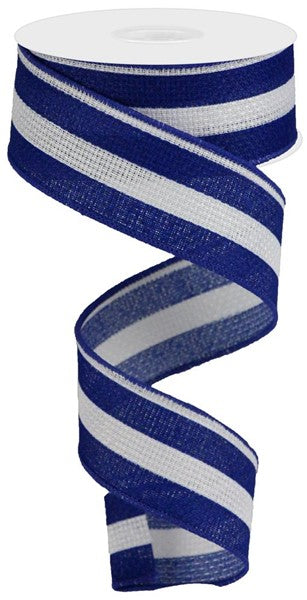 Vertical Stripe Wired Ribbon : Royal Blue, White - 1.5 Inches x 10 Yards (30 Feet)