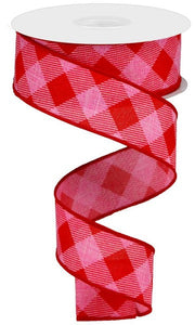 Valentine's Day Diagonal Plaid Wired Ribbon : Pink Red - 1.5 inches x 10 Yards (30 Feet)