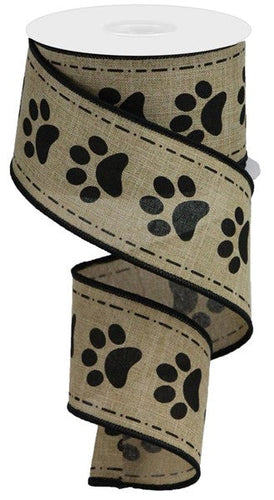 Paw Prints Dog Cat Wired Ribbon : Beige and Black - 2.5 inches x 10 Yards (30 Feet)