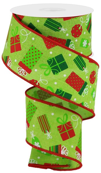 Christmas Presents Royal Canvas Wired Ribbon - 10 Yards (White, Emerald Green, Red, Lime Green, 2.5 Inches)