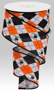 Argyle Spiders Royal Wired Ribbon : White Orange Black Purple 2.5 Inches x 10 Yards (30 Feet)