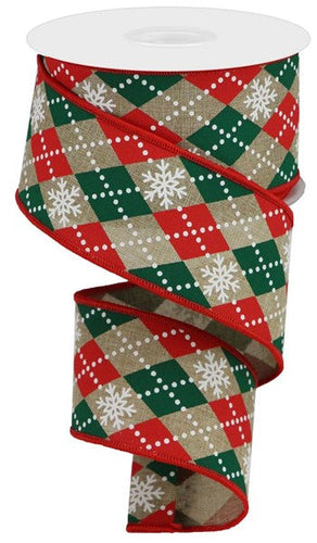 Argyle Snowflakes Christmas Wired Ribbon : Red Emerald Green White Beige  - 2.5 Inches x 10 Yards (30 Feet)