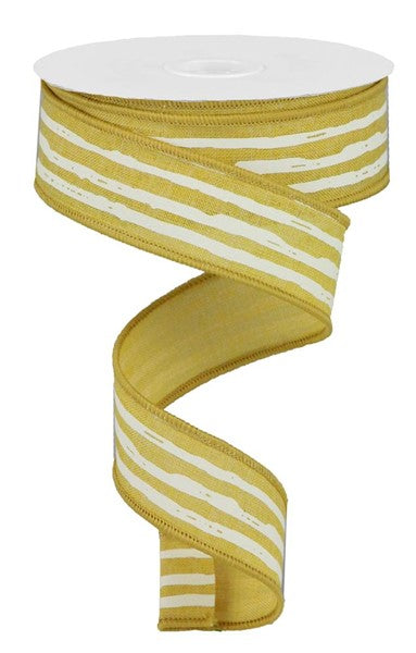 Mustard Cream Ivory Irregular Stripes Wired Ribbon - 1.5 Inches x 10 Yards