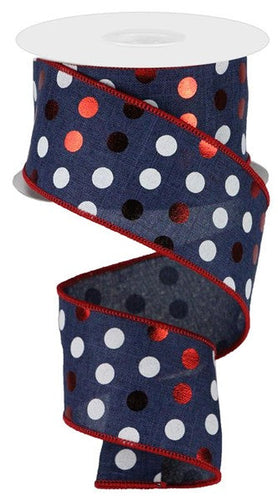 Metallic Polka Dots Wired Ribbon : Navy Blue, Red, White  - 2.5 Inches x 10 Yards (30 Feet)