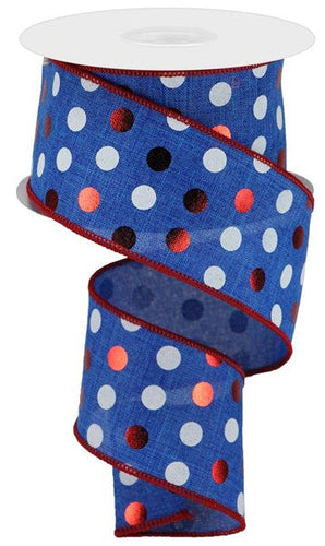 Metallic Polka Dots Wired Ribbon : Royal Blue Red White - 2.5 Inches x 10 Yards (30 Feet)