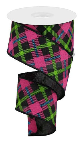 Printed Plaid on Canvas Wired Ribbon : Black, Lime Green, Hot Pink, Glittered Blue - 2.5 Inches x 10 Yards (30 Feet)