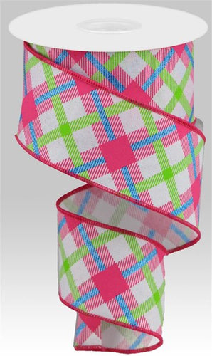 Printed Plaid on Canvas : White, Lime Green, Hot Pink, Glittered Blue - 2.5 Inches x 10 Yards (30 Feet)