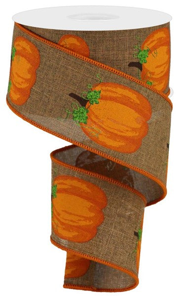 Fall Pumpkin Burlap Wired Ribbon (2.5 Inches, Brown, Orange, Moss Green) - 10 Yards