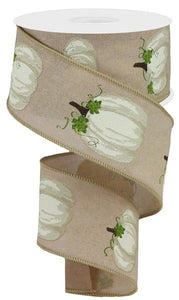 Fall White Pumpkin with Leaves Wired Ribbon (2.5 Inches, Tan Beige, Moss, Cream, Brown) - 10 Yards