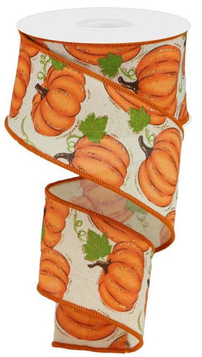 Pumpkin Patch Wired Ribbon : Cream Ivory, Orange - 2.5 Inches x 10 Yards (30 Feet)