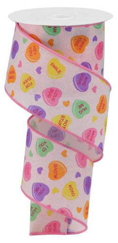Conversation Hearts Canvas Wired Ribbon : White - 2.5 Inches x 10 Yards (30 Feet)