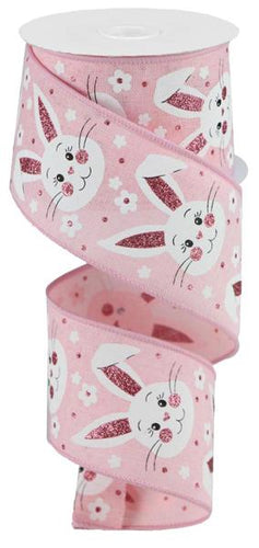 Easter Bunny Faces Wired Ribbon : Pink, White - 2.5 Inches x 10 Yards (30 Feet)