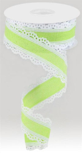 Scalloped Edge Canvas Ribbon, 10 Yards (White, Lime Green 1.5 Inches)