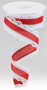 Scalloped Edge Canvas Ribbon, 10 Yards (White, Red, 1.5 Inches)