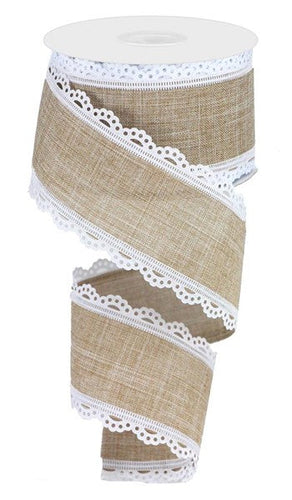 Scalloped Edge Canvas Ribbon : White, Light Beige - 2.5 Inches x 10 Yards (30 Feet)