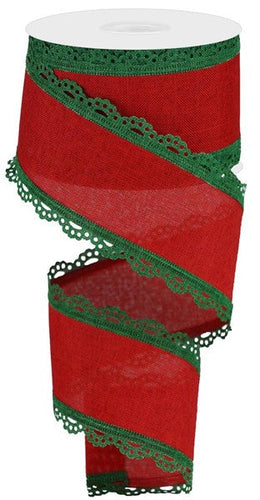 Christmas Lace Scalloped Edge Royal Burlap Wired Ribbon (2.5 Inches, Red, Emerald Green) - 10 Yards
