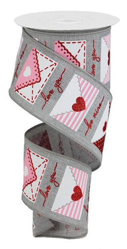 Love Letters Royal Valentine's Day Wired Ribbon (Pink, Red, Grey Gray, White) 2.5 Inches x 10 Yards (30 Feet)