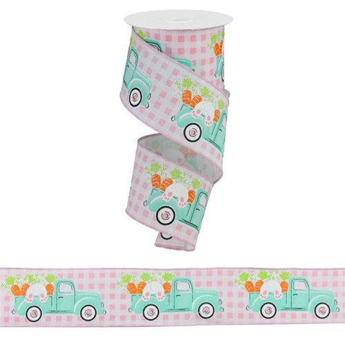 Easter Bunny and Carrots in Truck Wired Ribbon, Light Pink Gingham - 2.5 Inches x 10 Yards (30 Feet)